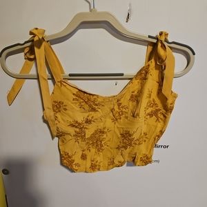 Juniors Size Small Forever 21 Tank Crop Top Gold Floral Tie Straps Zipper Side